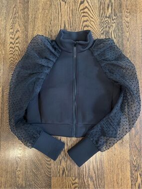 Zara Black Puff-Sleeve Sheer Dot Zip Jacket